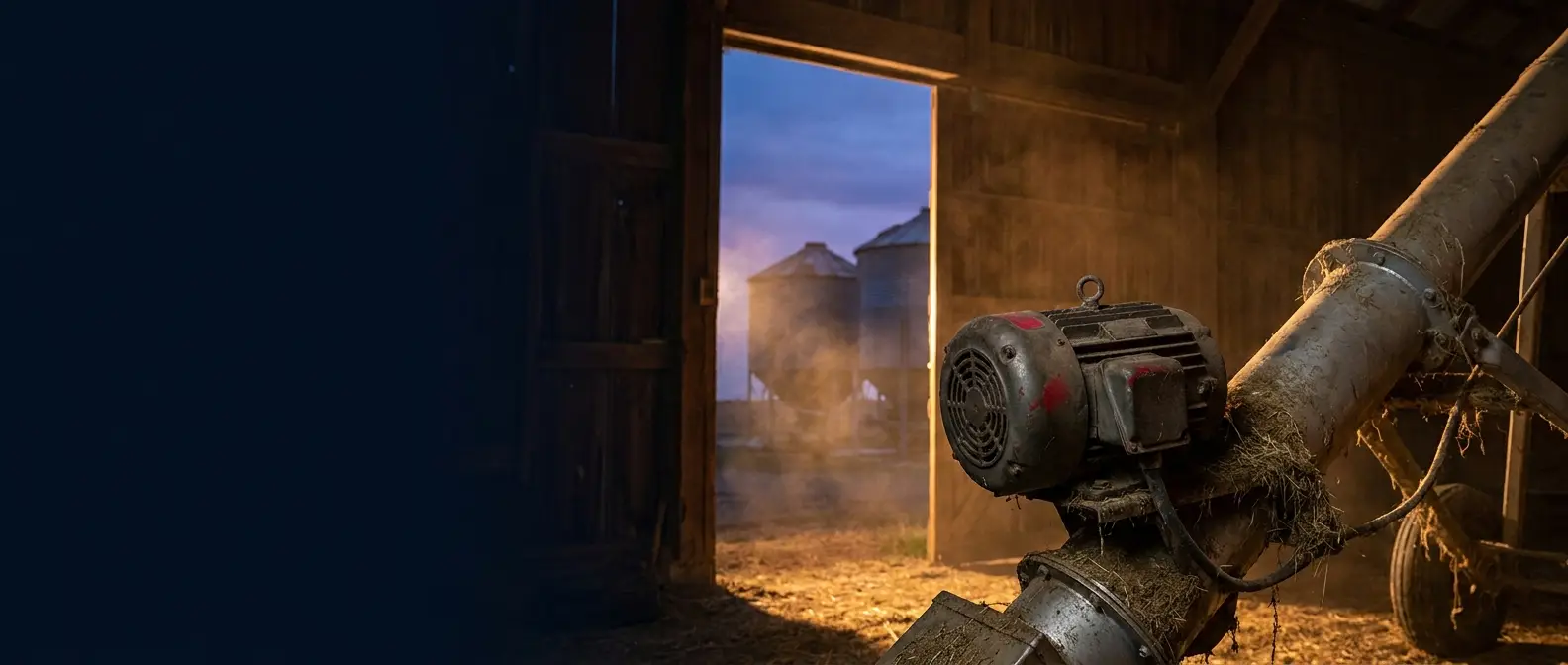 Farm duty electric motor on grain equipment in a barn at dusk
