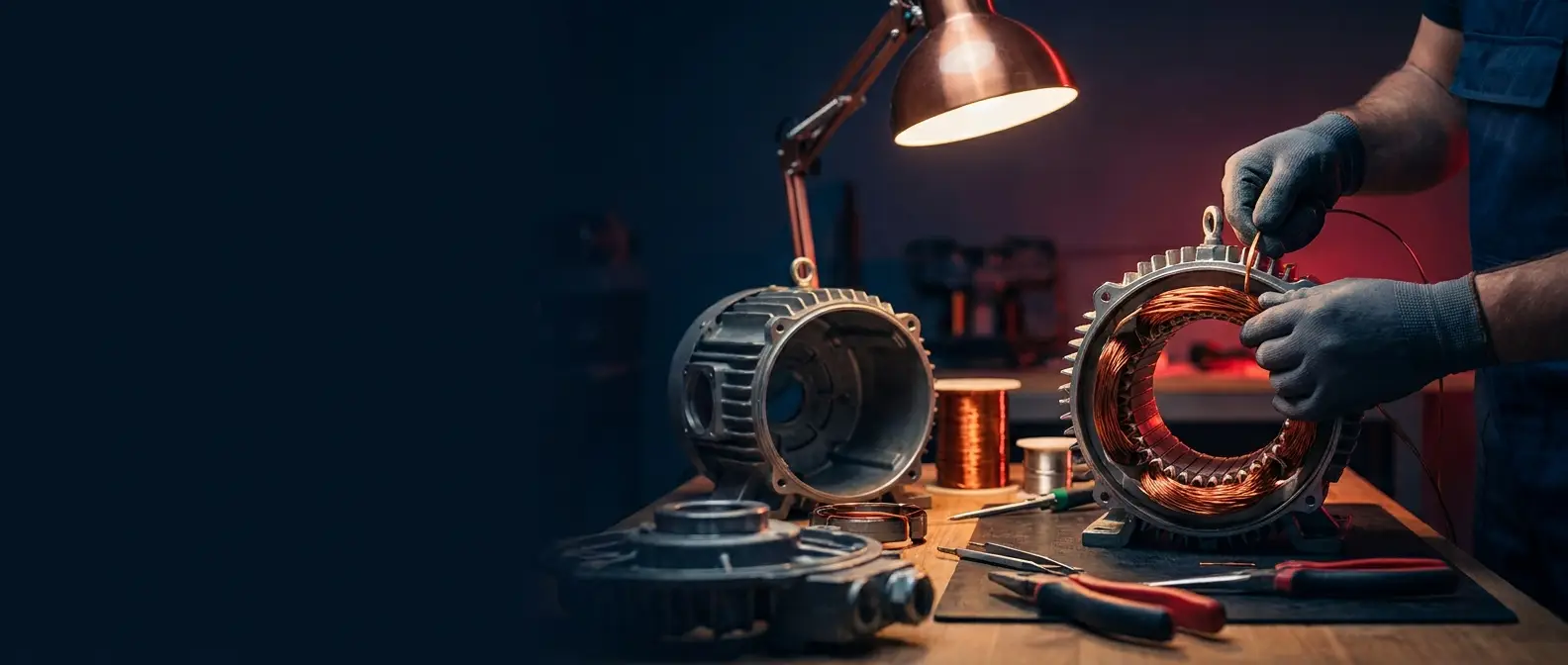 Technician rewinding an electric motor stator with copper wire