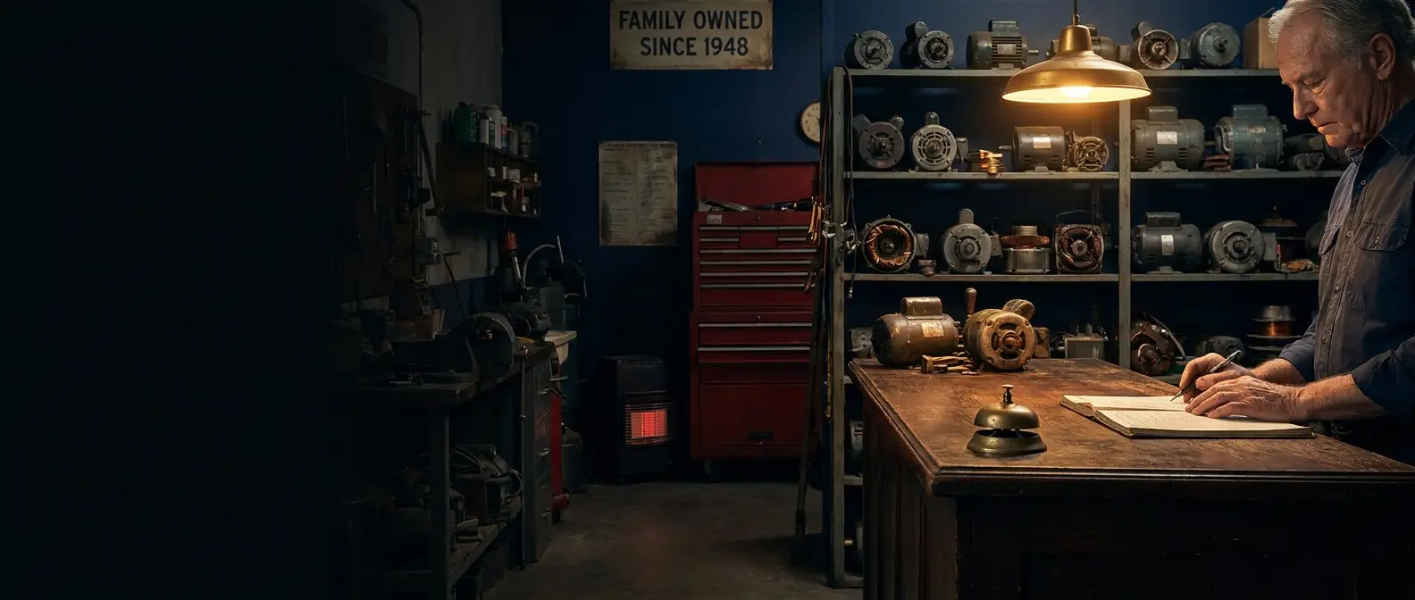 Old-school family motor shop service counter with motors on shelves